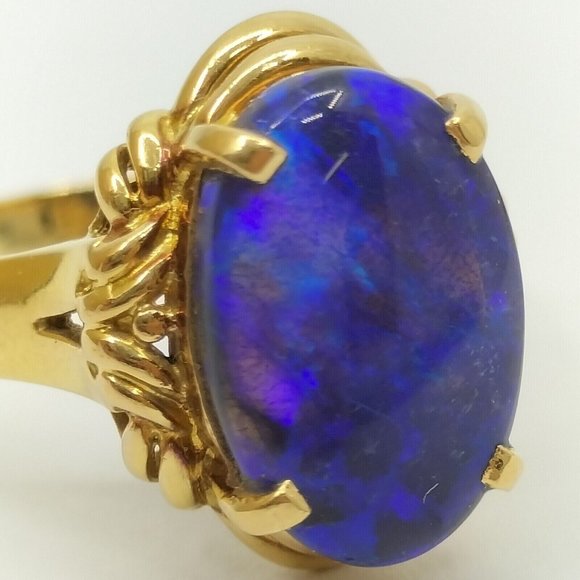 Cosmic Australian Black Opal Blue Ring 18K Gold Lightning Ridge Vintage 7 7/8 - Picture 4 of 13